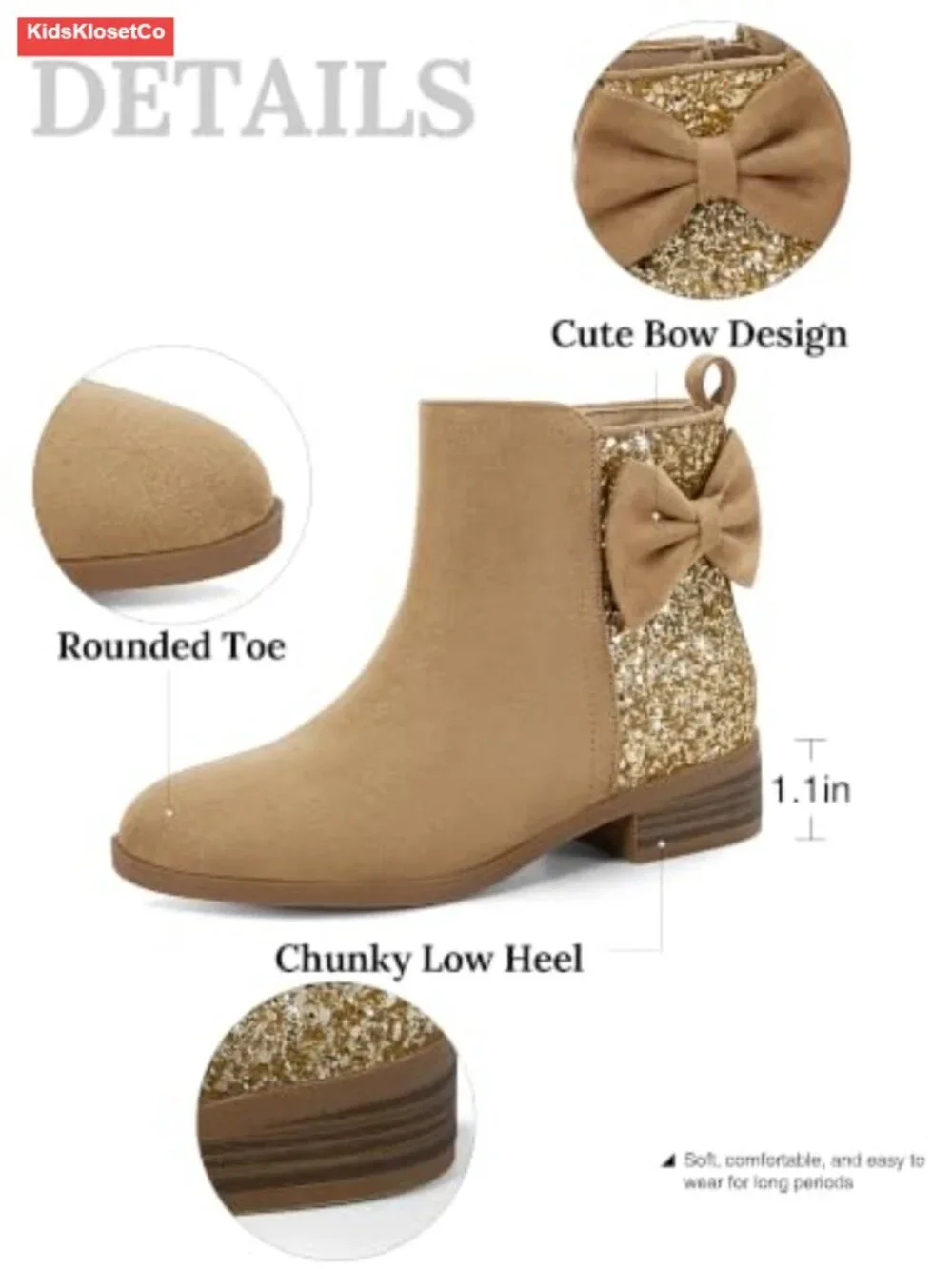 Girls Bow Glitter Ankle Boots Side Zipper Low Heel Dress Shoes